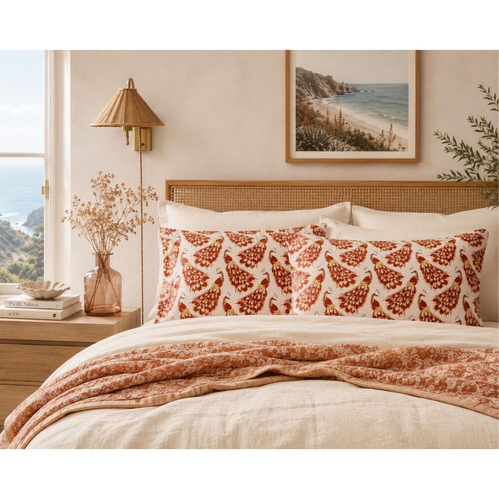 Opalhouse Peacock Print Cotton Pillow Shams Set | Boho Coastal Cottage Bedding A